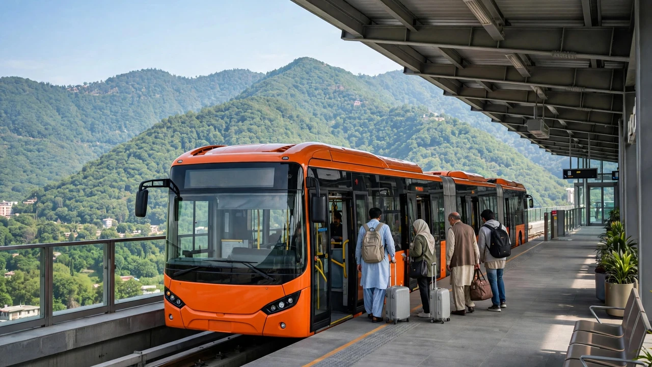 Orange metro bus at an Islamabad station with passengers boarding with luggage, Margalla Hills in the background