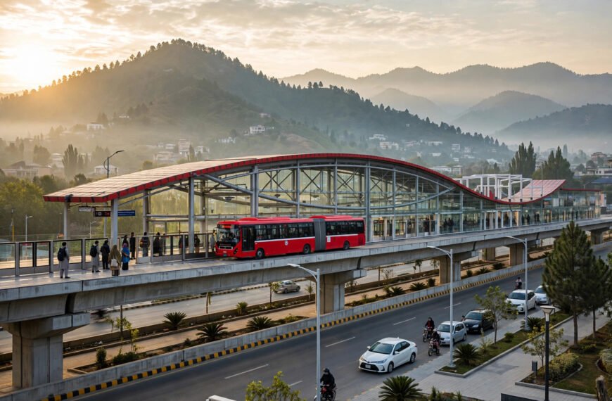 Red Metro bus arriving at an elevated Islamabad metro station at sunrise with Margalla Hills in the background
