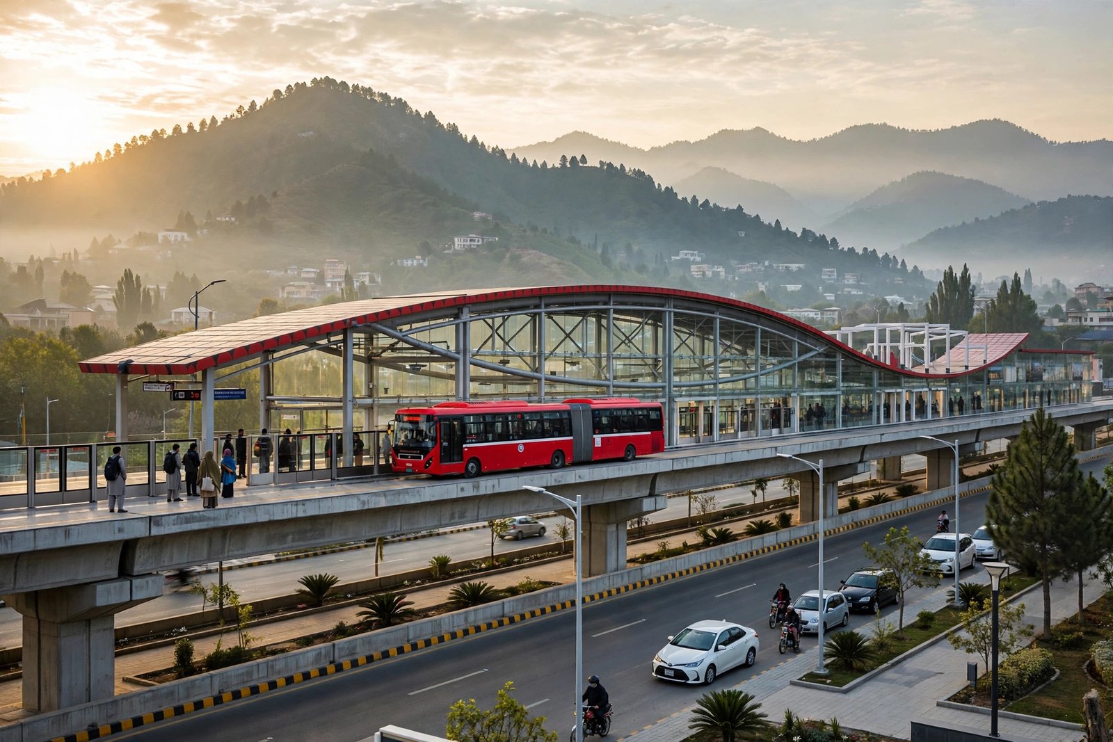 Red Metro bus arriving at an elevated Islamabad metro station at sunrise with Margalla Hills in the background