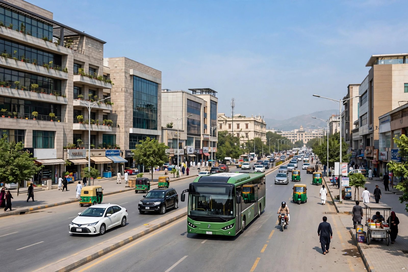 Green electric bus on a Rawalpindi road — the cheapest bus option from Saddar to 26 Number Chungi